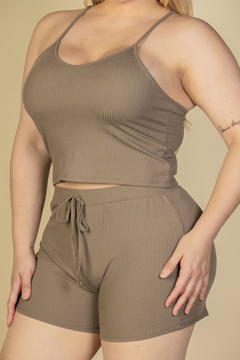 Plus Size Ribbed Crop Cami Top & Shorts Set - Capella Apparel