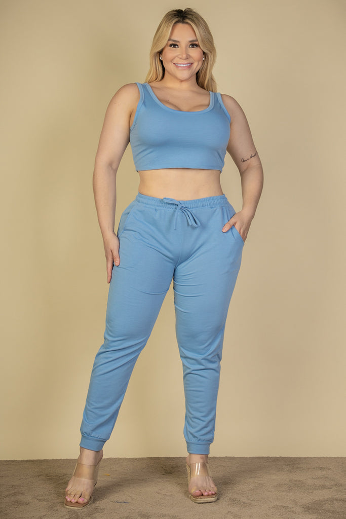 Plus Size French Terry Cropped Tank Top & Joggers Set - Capella Apparel
