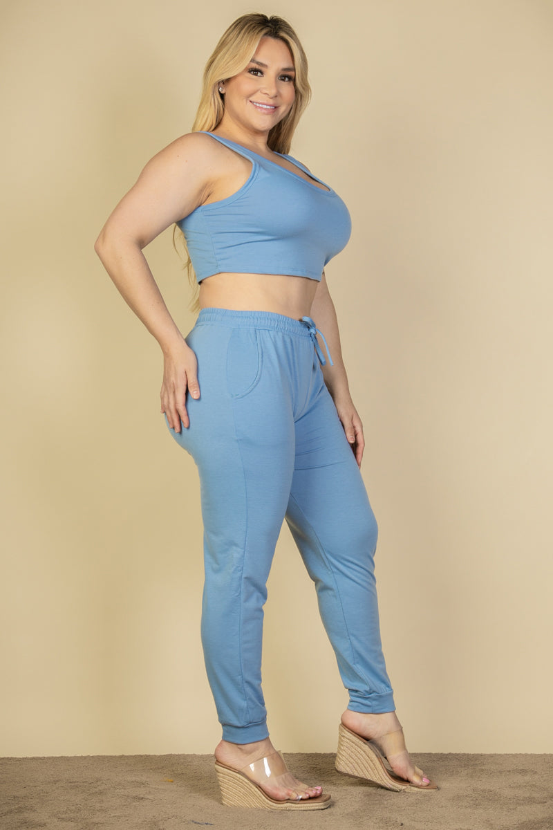 Plus Size French Terry Cropped Tank Top & Joggers Set - Capella Apparel