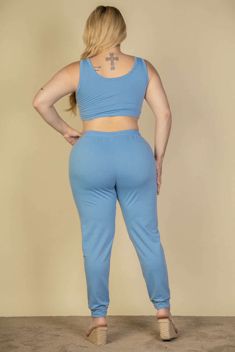 Plus Size French Terry Cropped Tank Top & Joggers Set - Capella Apparel