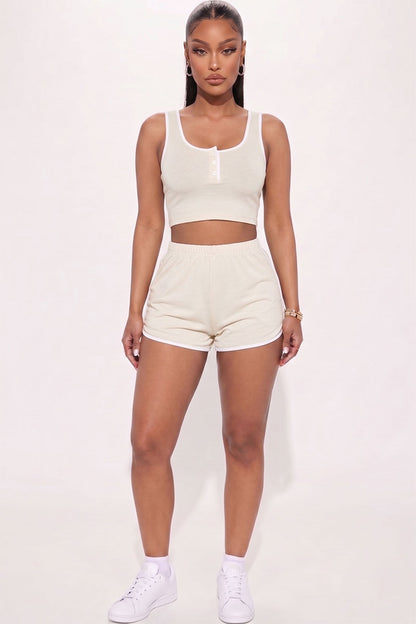 Casual French Terry Sleeveless Button Front Contrast Trim Cropped Tank Top and Shorts Set