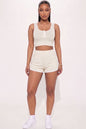 Casual French Terry Sleeveless Button Front Contrast Trim Cropped Tank Top and Shorts Set