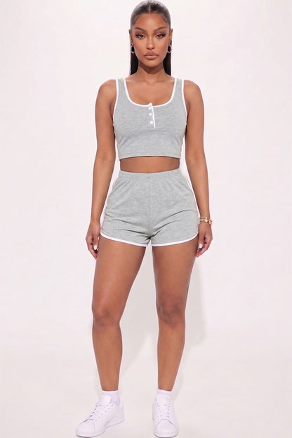 Casual French Terry Sleeveless Button Front Contrast Trim Cropped Tank Top and Shorts Set