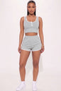 Casual French Terry Sleeveless Button Front Contrast Trim Cropped Tank Top and Shorts Set