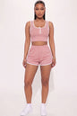 Casual French Terry Sleeveless Button Front Contrast Trim Cropped Tank Top and Shorts Set