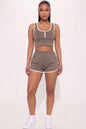 Casual French Terry Sleeveless Button Front Contrast Trim Cropped Tank Top and Shorts Set