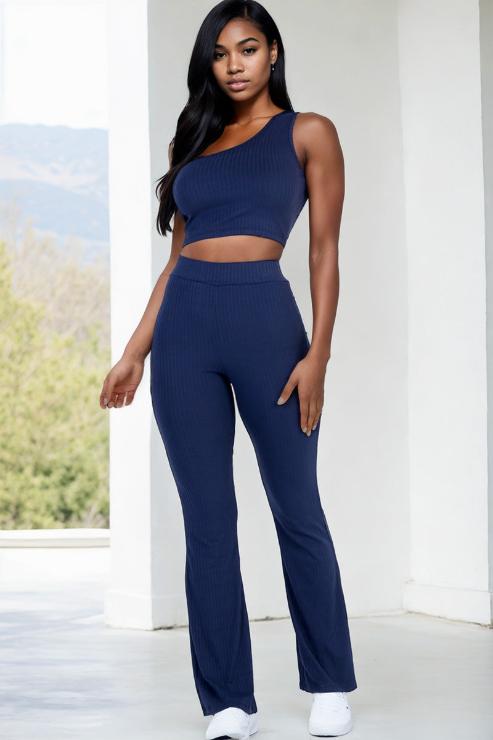 Ribbed One Shoulder Crop Top & Flared Pants Set - Capella Apparel