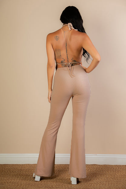 Split Front Backless Halter Top & Flare Pants Set