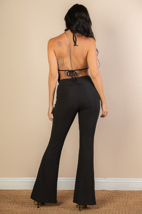 Split Front Backless Halter Top & Flare Pants Set - Capella Apparel