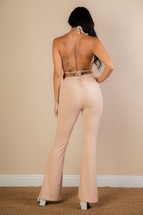 Split Front Backless Halter Top & Flare Pants Set - Capella Apparel