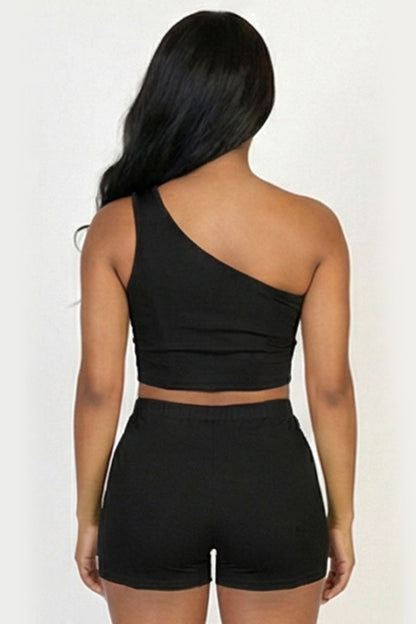 Exposed Seam One Shoulder Crop Top & Shorts Set