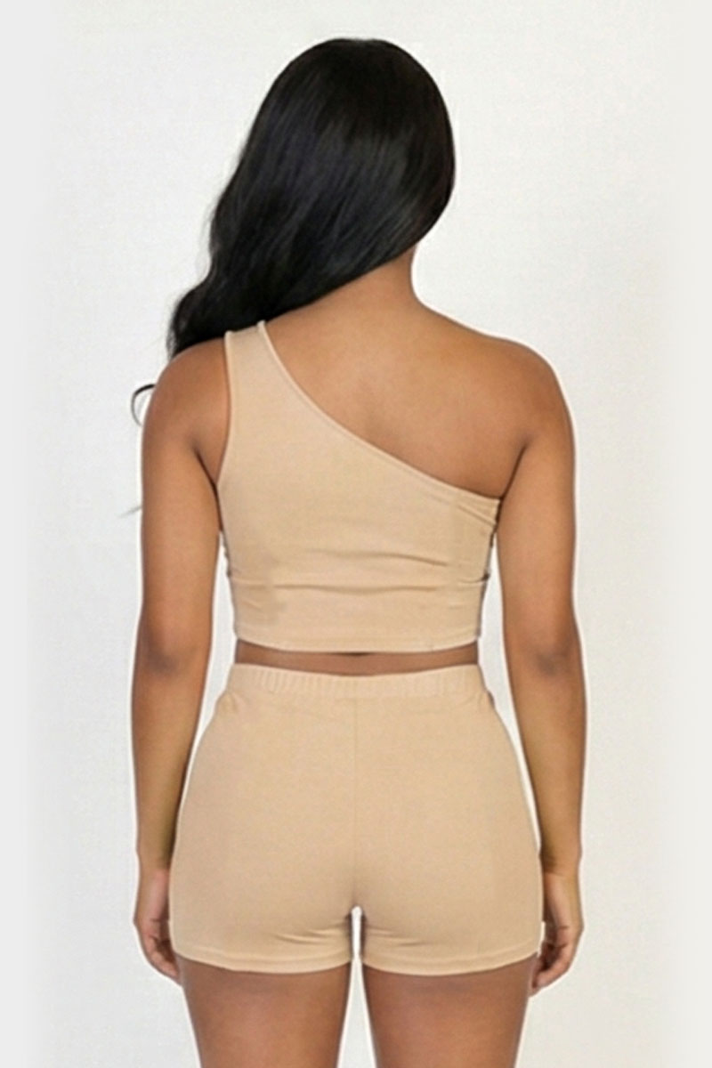 Exposed Seam One Shoulder Crop Top & Shorts Set