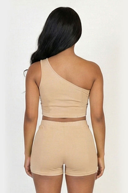 Exposed Seam One Shoulder Crop Top & Shorts Set
