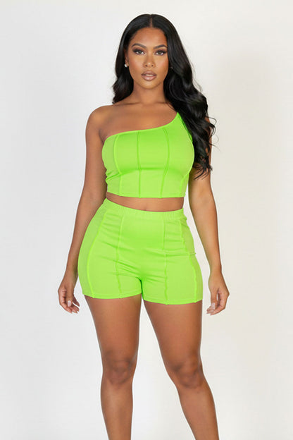 Exposed Seam One Shoulder Crop Top & Shorts Set