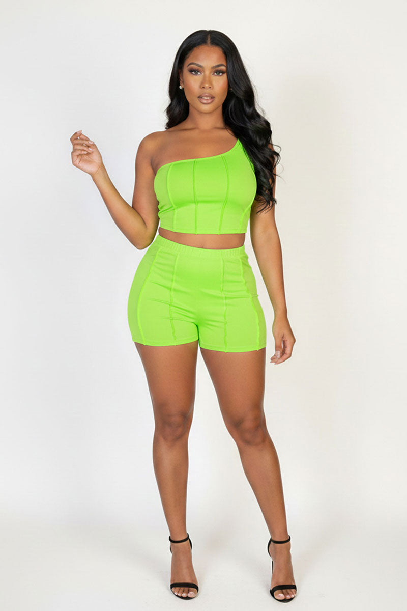 Exposed Seam One Shoulder Crop Top & Shorts Set