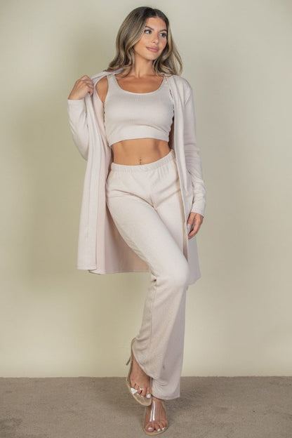 Three Piece Set Cardigan, Crop Tank Top and Pants Set - Capella Apparel