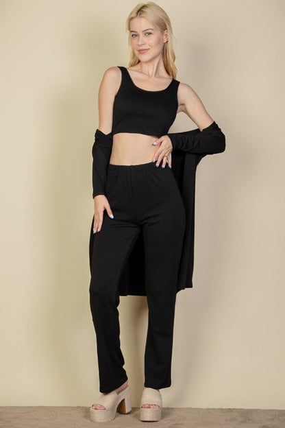 Three Piece Set Cardigan, Crop Tank Top and Pants Set - Capella Apparel