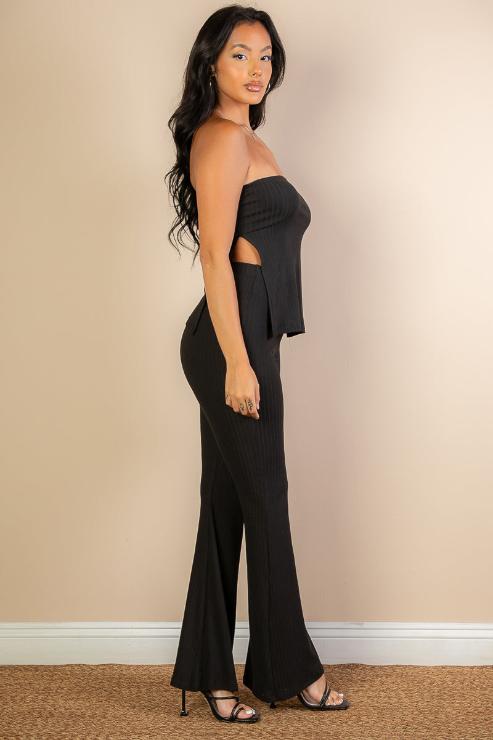 Ribbed Side Slit Bandeau Top & Flare Pants Set - Capella Apparel