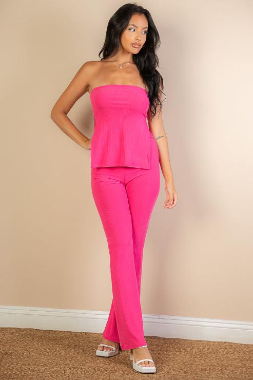 Ribbed Side Slit Bandeau Top & Flare Pants Set - Capella Apparel