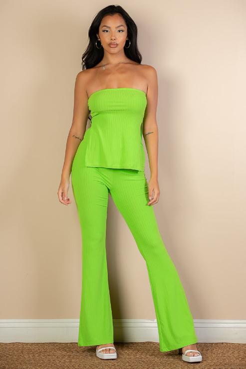 Ribbed Side Slit Bandeau Top & Flare Pants Set - Capella Apparel