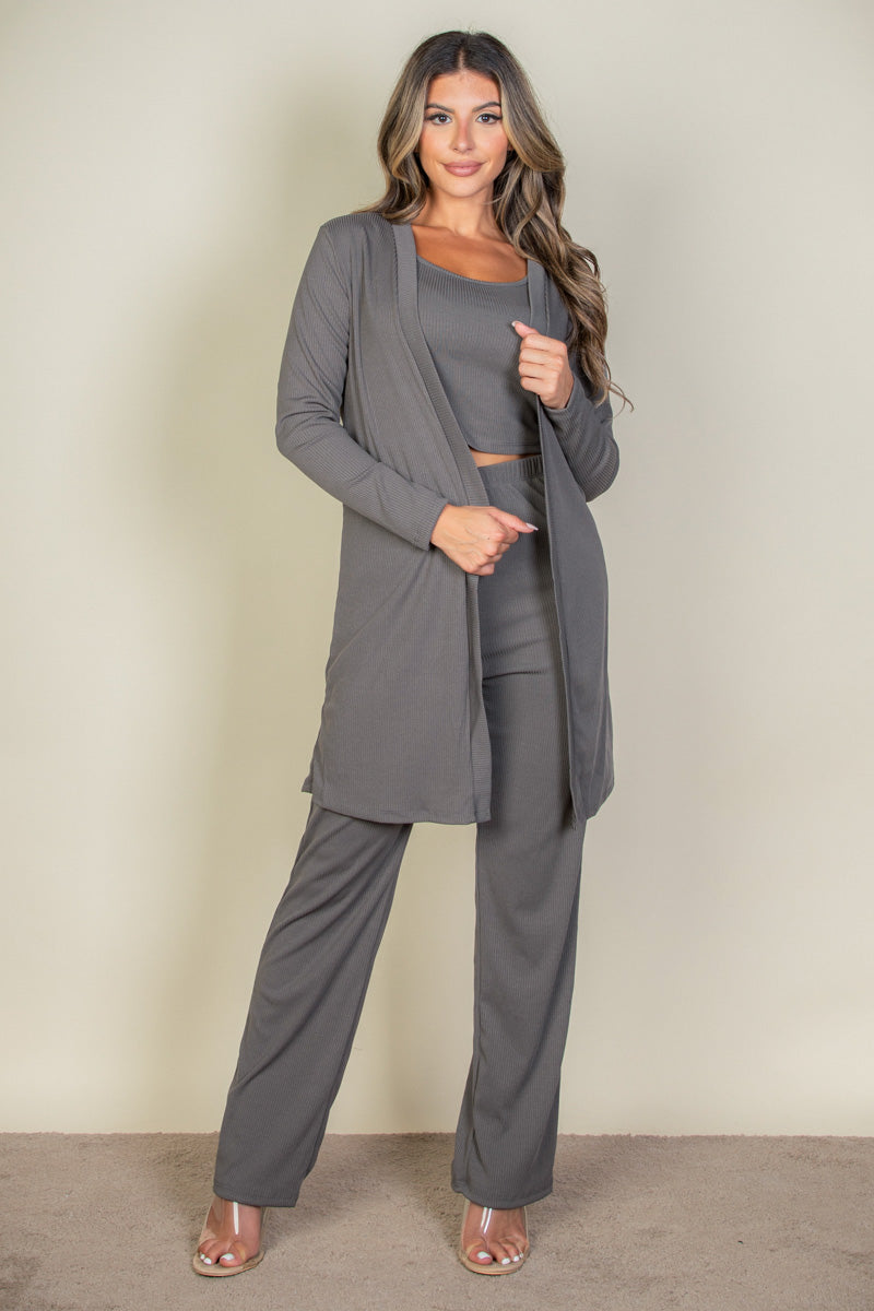 Flat Back Rib 3 Pieces Cami Top with Pants and Long Cardigan Set - Capella Apparel