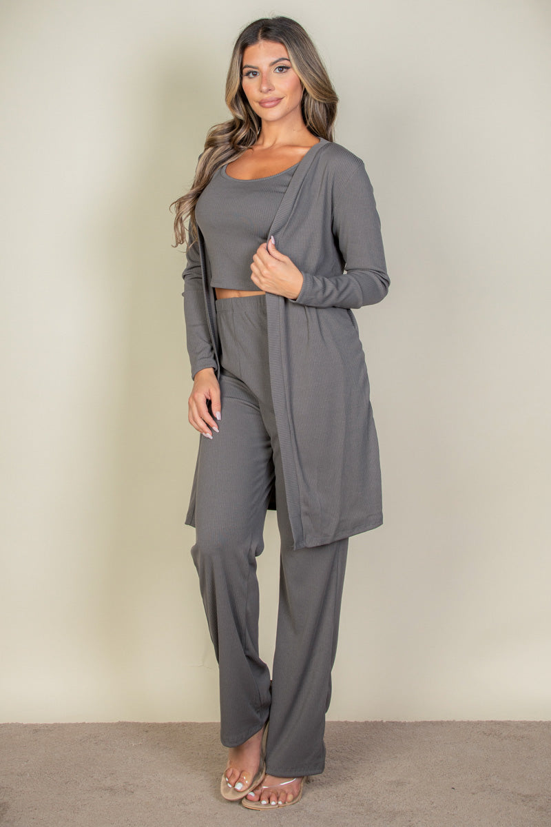 Flat Back Rib 3 Pieces Cami Top with Pants and Long Cardigan Set - Capella Apparel