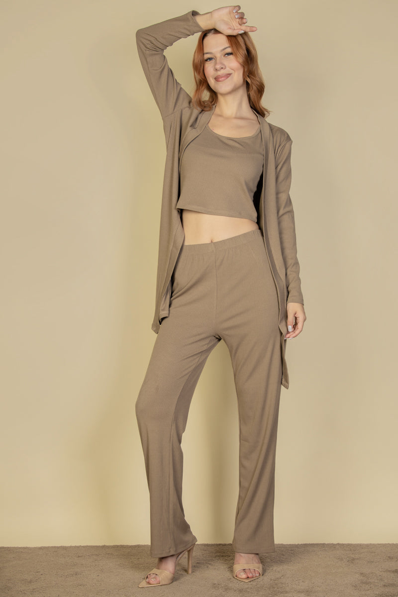 Flat Back Rib 3 Pieces Cami Top with Pants and Long Cardigan Set - Capella Apparel