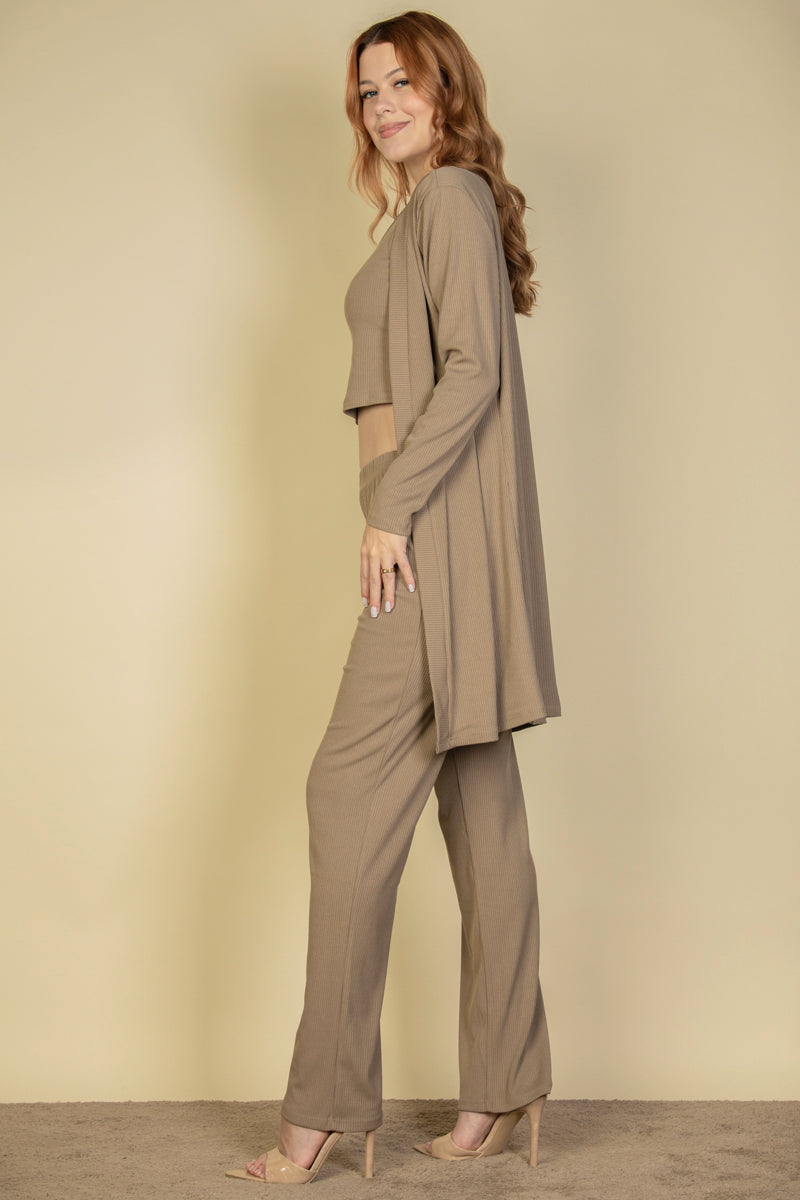 Flat Back Rib 3 Pieces Cami Top with Pants and Long Cardigan Set - Capella Apparel