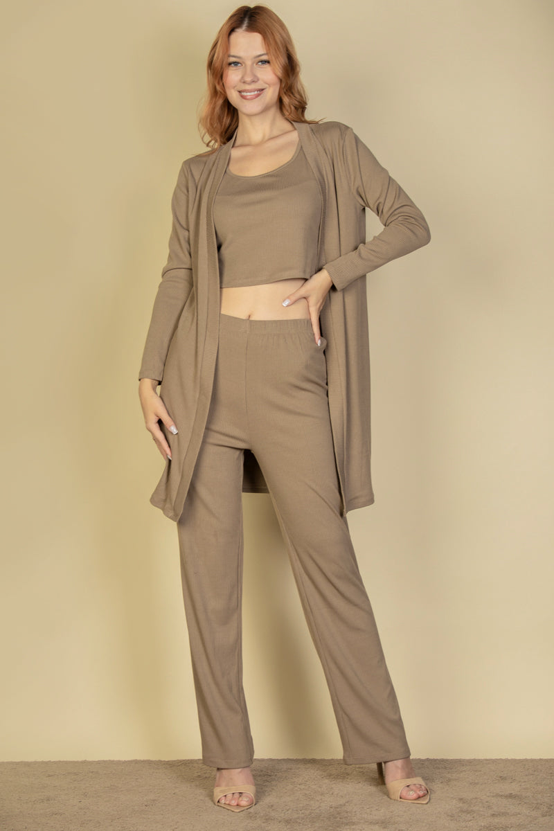 Flat Back Rib 3 Pieces Cami Top with Pants and Long Cardigan Set - Capella Apparel