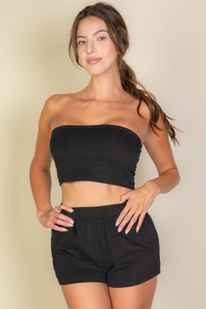 Simple Solid Color Tube Top And Shorts Two Piece Set (CAPELLA)