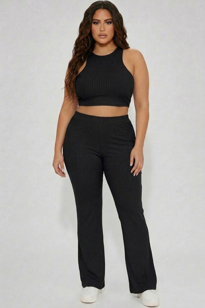 Plus Ribbed Cropped Top and Bootcut Pants Sets