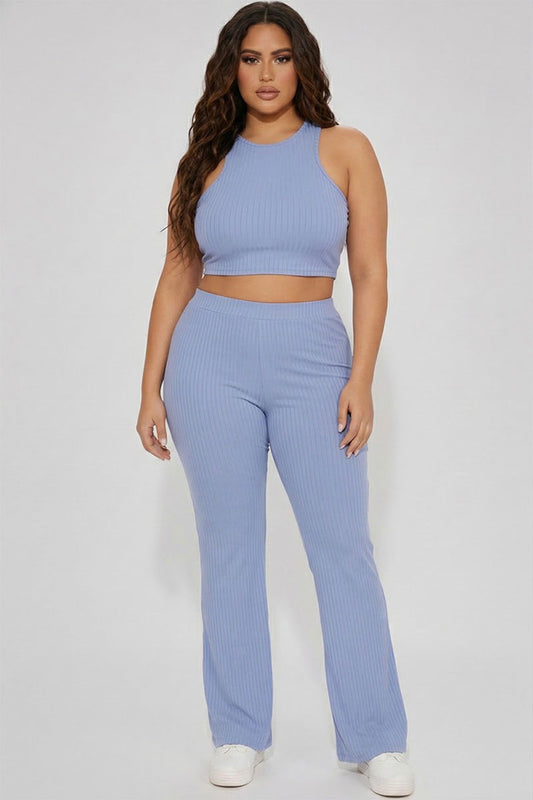 Plus Ribbed Cropped Top and Bootcut Pants Sets