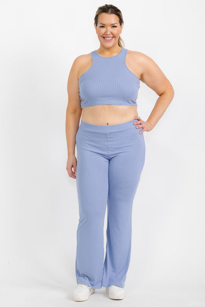 Plus Ribbed Cropped Top and Bootcut Pants Sets