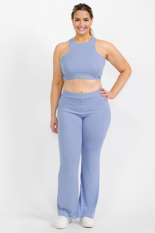 Plus Ribbed Cropped Top and Bootcut Pants Sets