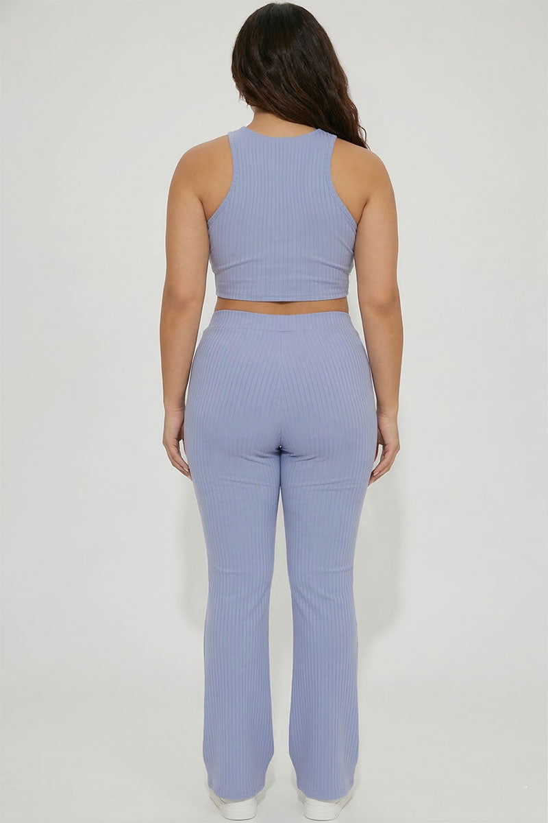 Plus Ribbed Cropped Top and Bootcut Pants Sets