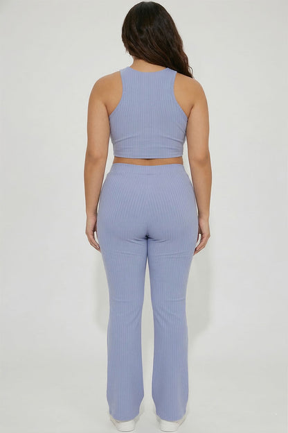 Plus Ribbed Cropped Top and Bootcut Pants Sets