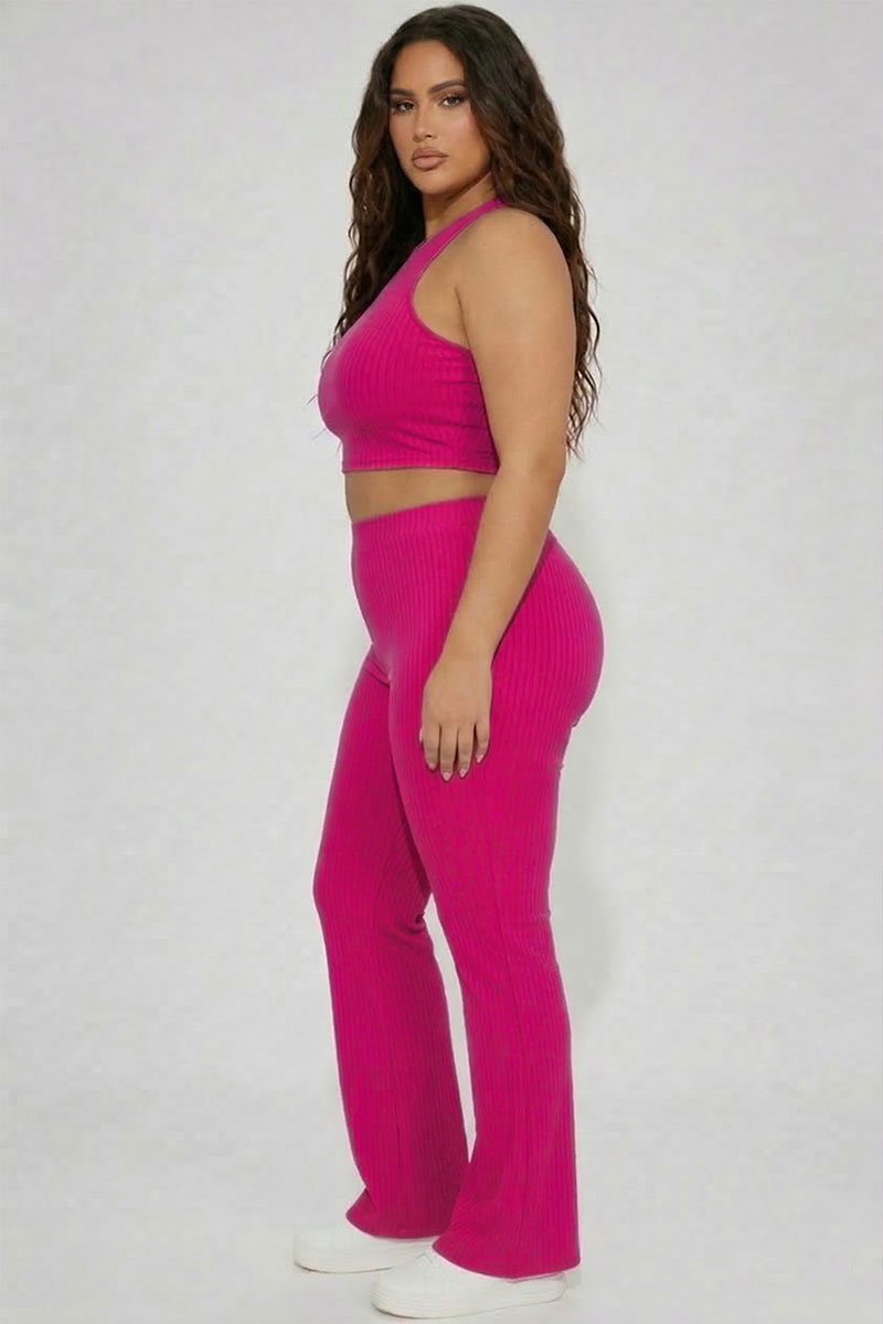Plus Ribbed Cropped Top and Bootcut Pants Sets