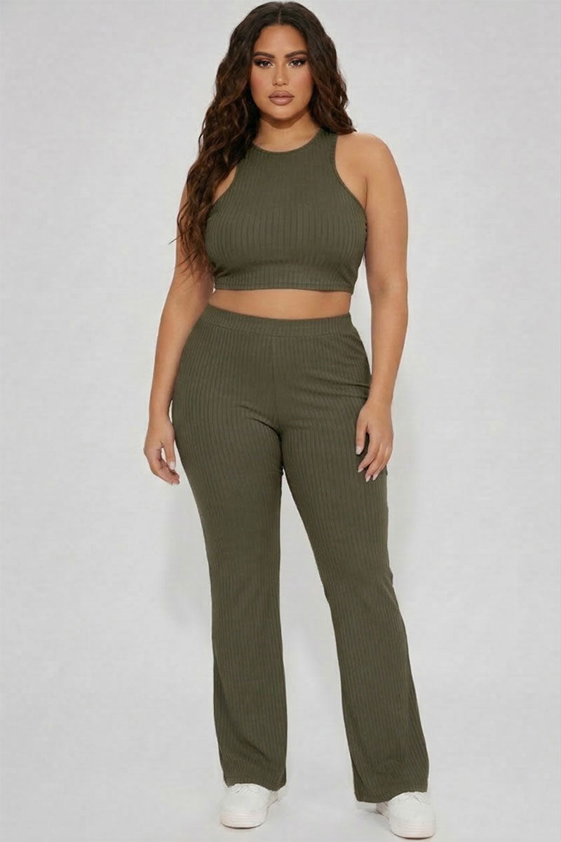 Plus Ribbed Cropped Top and Bootcut Pants Sets