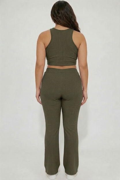 Plus Ribbed Cropped Top and Bootcut Pants Sets