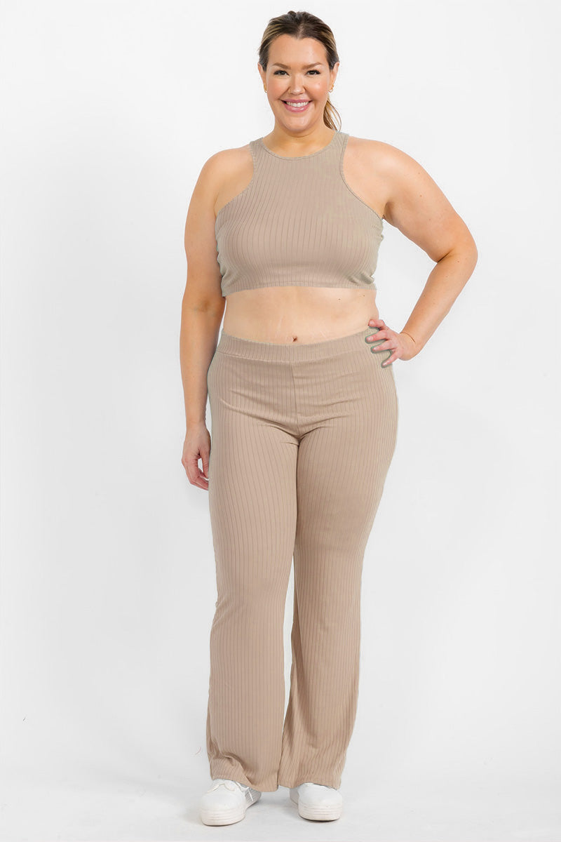 Plus Ribbed Cropped Top and Bootcut Pants Sets