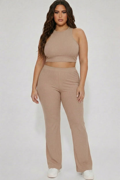 Plus Ribbed Cropped Top and Bootcut Pants Sets