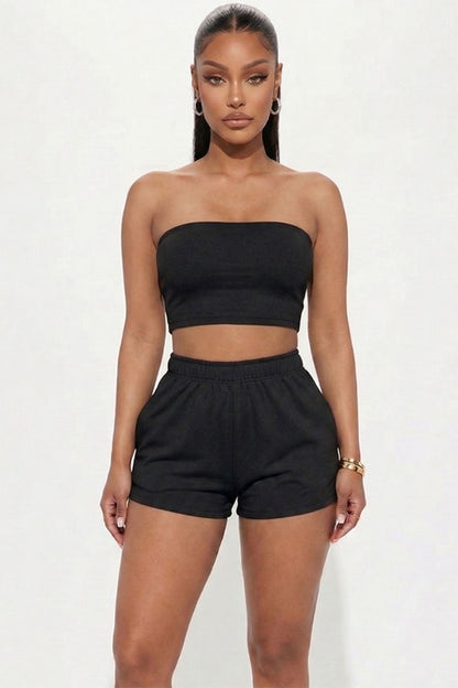 Simple Solid Color Tube Top And Shorts Two Piece Set