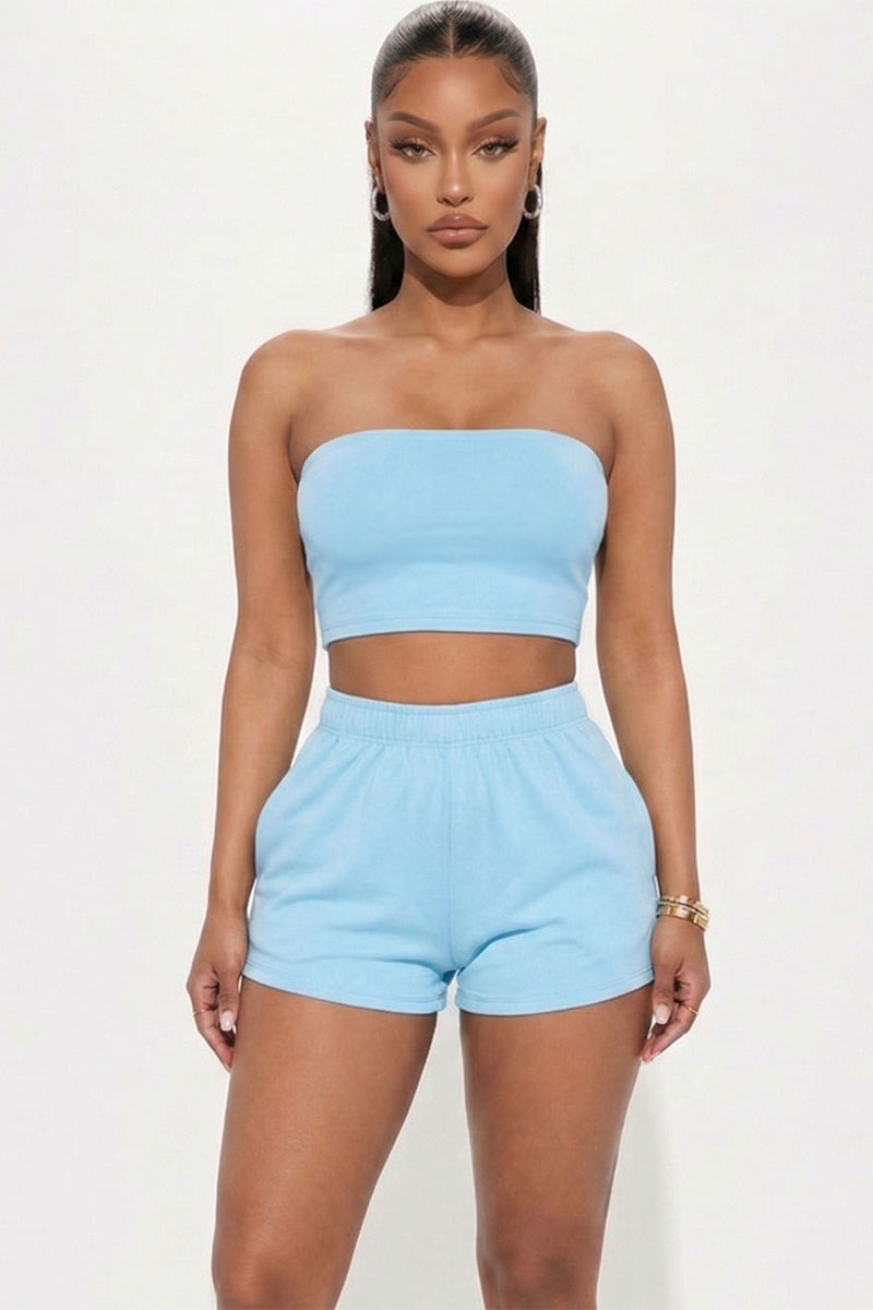 Simple Solid Color Tube Top And Shorts Two Piece Set