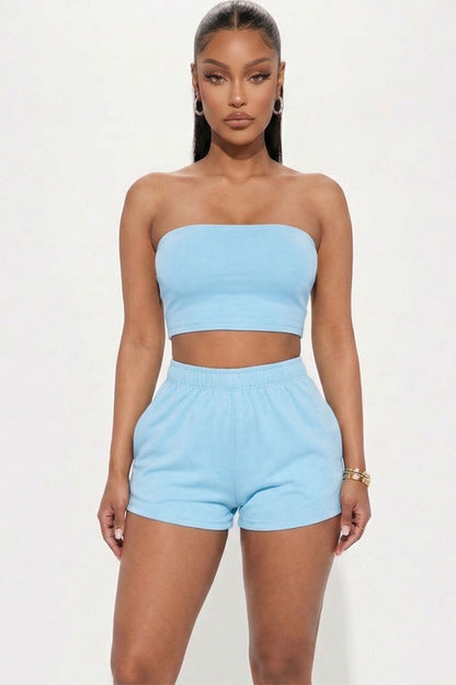 Simple Solid Color Tube Top And Shorts Two Piece Set