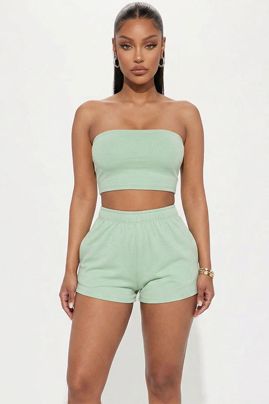 Simple Solid Color Tube Top And Shorts Two Piece Set