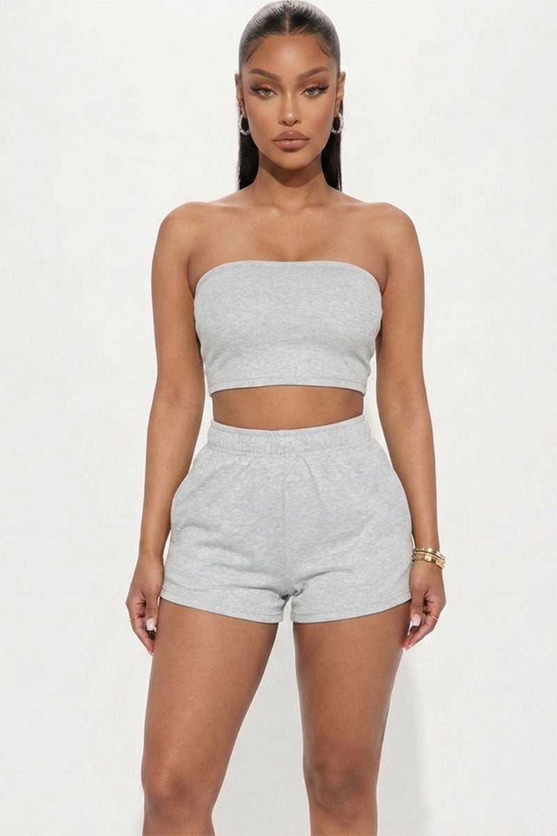 Simple Solid Color Tube Top And Shorts Two Piece Set