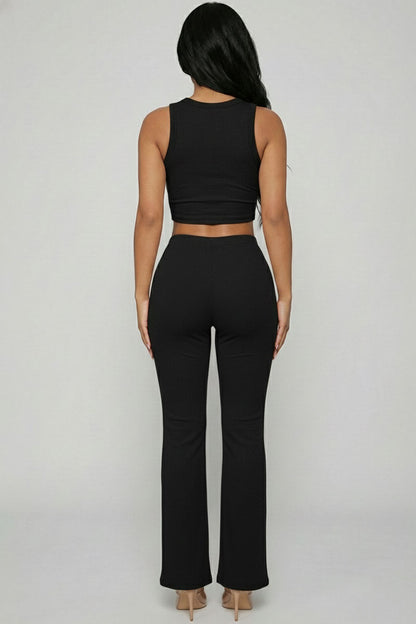 Ribbed Sleeveless Crop Top & Flared Pants Set