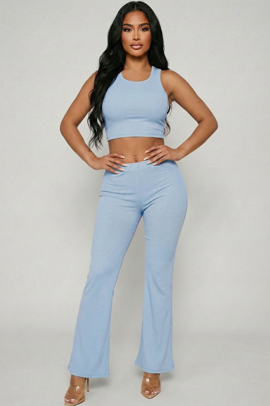 Ribbed Sleeveless Crop Top & Flared Pants Set