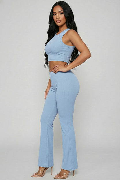 Ribbed Sleeveless Crop Top & Flared Pants Set
