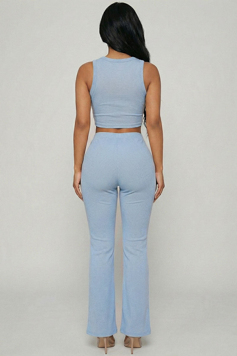 Ribbed Sleeveless Crop Top & Flared Pants Set